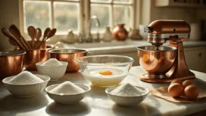 Cinematic close-up of a rustic Dutch kitchen with vintage mixing bowls and an antique KitchenAid mixer, showcasing fresh egg whites in a glass bowl surrounded by sugar, captured in soft natural light with a warm color palette.