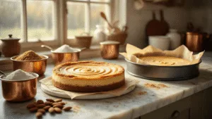 A cozy Dutch kitchen bathed in natural light features a freshly baked speculaas cheesecake on a marbled countertop, surrounded by copper mixing bowls, whole spices, and crumbled speculaas cookies, with warm color grading and a rustic ambiance enhanced by vintage kitchen tools and dramatic shadows.