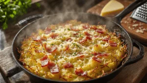 Close-up of golden-brown vegetable rösti with celeriac and cauliflower in a cast-iron pan, topped with melted Parmesan and crispy bacon, in a rustic Dutch kitchen with warm lighting and soft bokeh background.