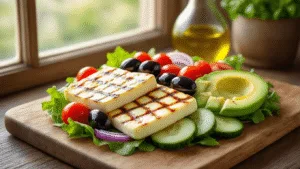 Photorealistic Greek salad with grilled halloumi, vibrant cherry tomatoes, Kalamata olives, cucumber, red onion, avocado, and mixed greens on a rustic wooden cutting board, illuminated by natural sunlight, garnished with oregano and sea salt, served on a handcrafted ceramic plate.