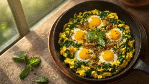 Photorealistic top-down view of scrambled eggs with spinach in a cast-iron pan, featuring golden-brown onions, mustard and cumin seeds, turmeric butter, mint garnish, yogurt swirls, and coriander leaves, captured in soft morning light with a rustic plate and artistic spice details.