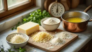 Artisanal cheese sticks preparation in a rustic kitchen, featuring grated mozzarella, golden Parmesan, almond flour, and a farm-fresh egg on a marble countertop, with melting butter in a copper pot and Mediterranean herbs scattered around, all captured in warm, soft natural light.