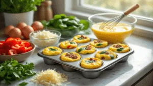 Photorealistic image of a modern kitchen featuring a muffin preparation scene with whisked eggs in a glass bowl, surrounded by diced bell peppers, spinach, onions, cheese, and meat, set against a marble countertop and vintage muffin tin; freshly baked golden-brown egg muffins in the foreground with soft morning light casting gentle shadows.
