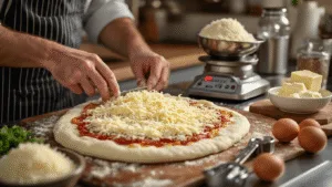 Cinematic food photography of keto pizza preparation featuring fresh ingredients on a stainless steel countertop, warm natural lighting, and selective focus on grated mozzarella, almond flour, eggs, and cream cheese, creating a moody, high-end kitchen atmosphere.
