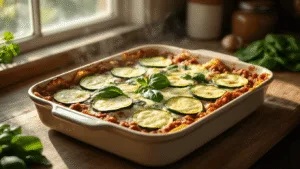 A hyperrealistic top-down photograph of a rustic Dutch kitchen featuring a layered zucchini lasagna in a ceramic baking dish, with thin zucchini slices, rich meat sauce, melted cheeses, and fresh spinach. The warm sunlight casts soft shadows, highlighting the golden-brown cheese crust and garnished basil leaves, surrounded by fresh ingredients and kitchen tools.