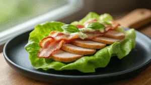 Cinematic close-up of a fresh lettuce wrap with crispy bacon, turkey, and avocado on a matte black plate, highlighted by natural light, showcasing vibrant greens and warm browns.