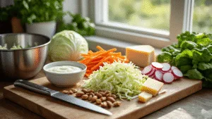 Photorealistic food photography featuring a modern Dutch kitchen with fresh ingredients for low-carb cabbage slaw, including shredded cabbage, julienned carrots, sliced radishes, mixed nuts, and aged Dutch cheese, all styled on a rustic wooden cutting board with natural sunlight, a professional chef's knife, and creamy dressing in a small bowl, set against a white marble countertop with scattered herbs.