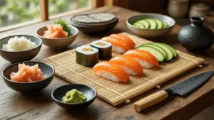 A rustic wooden kitchen table bathed in soft natural light, showcasing sushi-making ingredients: a bamboo sushi mat with nori sheets, ceramic bowls of riced cauliflower, fresh salmon, sliced avocado, and cucumber batons, accented by sesame seeds, wasabi paste, an artisanal knife, and low-carb soy sauce, styled in a minimalist Japanese aesthetic.