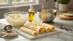 Cinematic food photography of golden-brown low-carb cheesecake wraps artfully arranged on a marble countertop, with a crystal mixing bowl of cream cheese mixture, a vanilla extract bottle, measuring spoons, and a professional stand mixer, all warmly lit by natural light, showcasing creamy filling peeking through wrap edges.