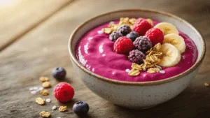 A vibrant magenta smoothie bowl featuring a creamy base topped with frozen mixed berries, fresh raspberries, golden granola clusters, white chia seeds, and coconut flakes, set on a rustic wood surface in soft morning light, showcasing artisanal ceramic craftsmanship and high-end food styling.