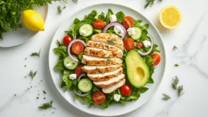 A hyperrealistic Mediterranean chicken salad on a pristine white ceramic plate, featuring golden-brown sliced chicken breast, fresh greens, diced cucumber, cherry tomatoes, purple onion rings, creamy feta, avocado slices, and yogurt dressing, styled on a light marble surface with lemon wedges and fresh herbs, captured in vibrant detail with natural overhead lighting.