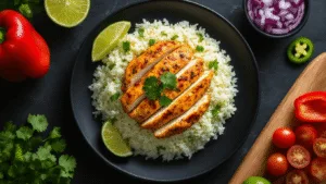 Cinematic overhead view of golden Mexican-spiced chicken breast on fluffy cauliflower rice, garnished with cilantro and lime, surrounded by fresh ingredients on a matte black plate with soft natural light.