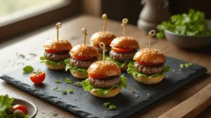 Overhead shot of elegant mini burger skewers with beef patties, cherry tomatoes, baby lettuce, and cornichons, arranged on a dark slate platter. The photo features natural window light, soft shadows, and a dramatic moody atmosphere with warm earthy tones and a blurred background.