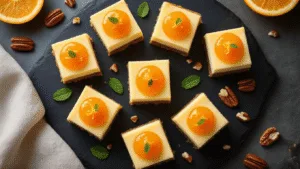 Cinematic overhead shot of orange-topped cheesecake bites on a matte black slate, showcasing nine square portions with pecan-almond crust, ivory filling, and glossy orange curd, garnished with orange zest and mint, with a vintage linen napkin and scattered pecan pieces.