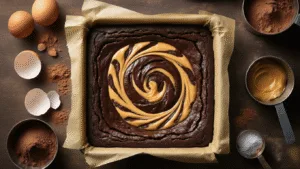Cinematic top-down view of rich chocolate brownie batter in a parchment-lined baking pan, featuring creamy peanut butter swirls, surrounded by scattered ingredients like cracked eggshells and cocoa powder, with a silver knife resting at a 45-degree angle, all under warm natural light, capturing hyperrealistic textures in a professional food photography style.