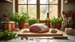 A hyperrealistic photograph of a rustic Italian kitchen featuring a veal tenderloin on a wooden cutting board, surrounded by fresh ingredients and cooking tools, with soft natural daylight illuminating the scene.