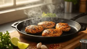 Close-up of sizzling marinated chicken breasts on a black cast-iron grill pan in a backlit kitchen, with dramatic smoke, golden sunlight, rich textures, and vibrant ingredients like lime, red pepper flakes, and garlic.