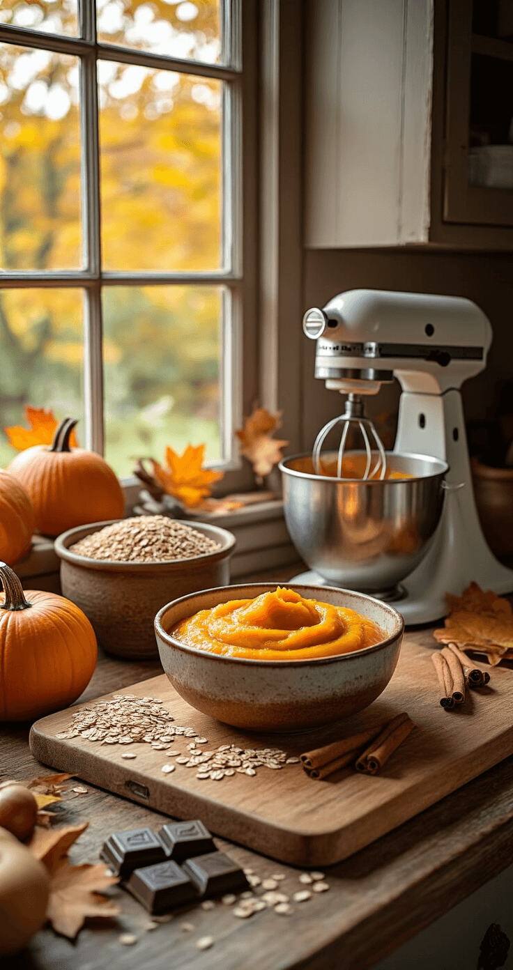 Rustieke Nederlandse keuken in warm herfstlicht met een houten snijplank en verse pompoenpuree in een aardewerken kom, omringd door ingrediënten zoals haver, chocolade, en kaneelstokken. Een vintage staafmixer ligt ernaast, met op de achtergrond vallende bladeren door het raam.