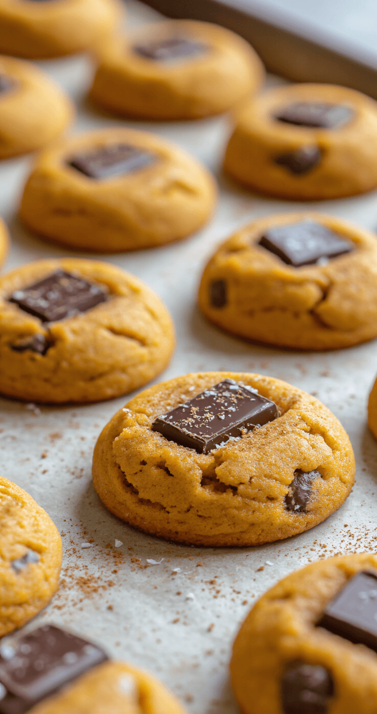 Dichtbijopname van perfect gevormde pompoenkoekjes op een met bakpapier beklede bakplaat, met glanzende oppervlakken door kokosolie. Donkere chocoladestukjes zijn zichtbaar in het oranje deeg, terwijl een vleugje kaneel een subtiel patroon creëert. De koekjes zijn in nette rijen geplaatst, verlicht door het gouden middaglicht dat hun rustieke, zelfgemaakte textuur benadrukt.