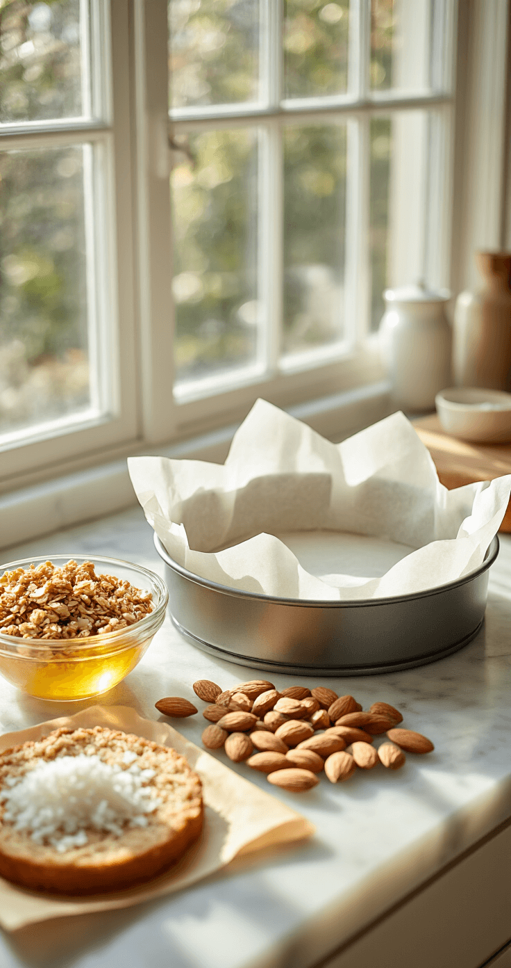 Een sfeervolle keuken met ochtendzon, waar op een marmeren aanrecht ingrediënten voor een ontbijttaart zijn uitgestald: goudkleurige granola, hele amandelen en glanzende kokosolie in een glazen kom. Een schone 24 cm springvorm met bakpapier staat ernaast, wat de frisse uitstraling van de ontbijtvoorbereiding benadrukt.