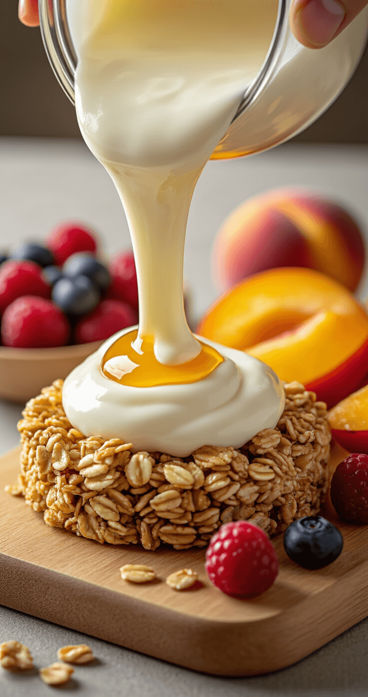 Close-up van een romige witte yoghurtdressing die over een gouden granola-basis wordt gegoten, omringd door levendige seizoensgebonden vruchten zoals sappige bessen en gesneden perziken op een houten bord. Natuurlijke verlichting benadrukt de gladde, glanzende textuur van de yoghurtdressing, terwijl druppels honing het licht vangen.