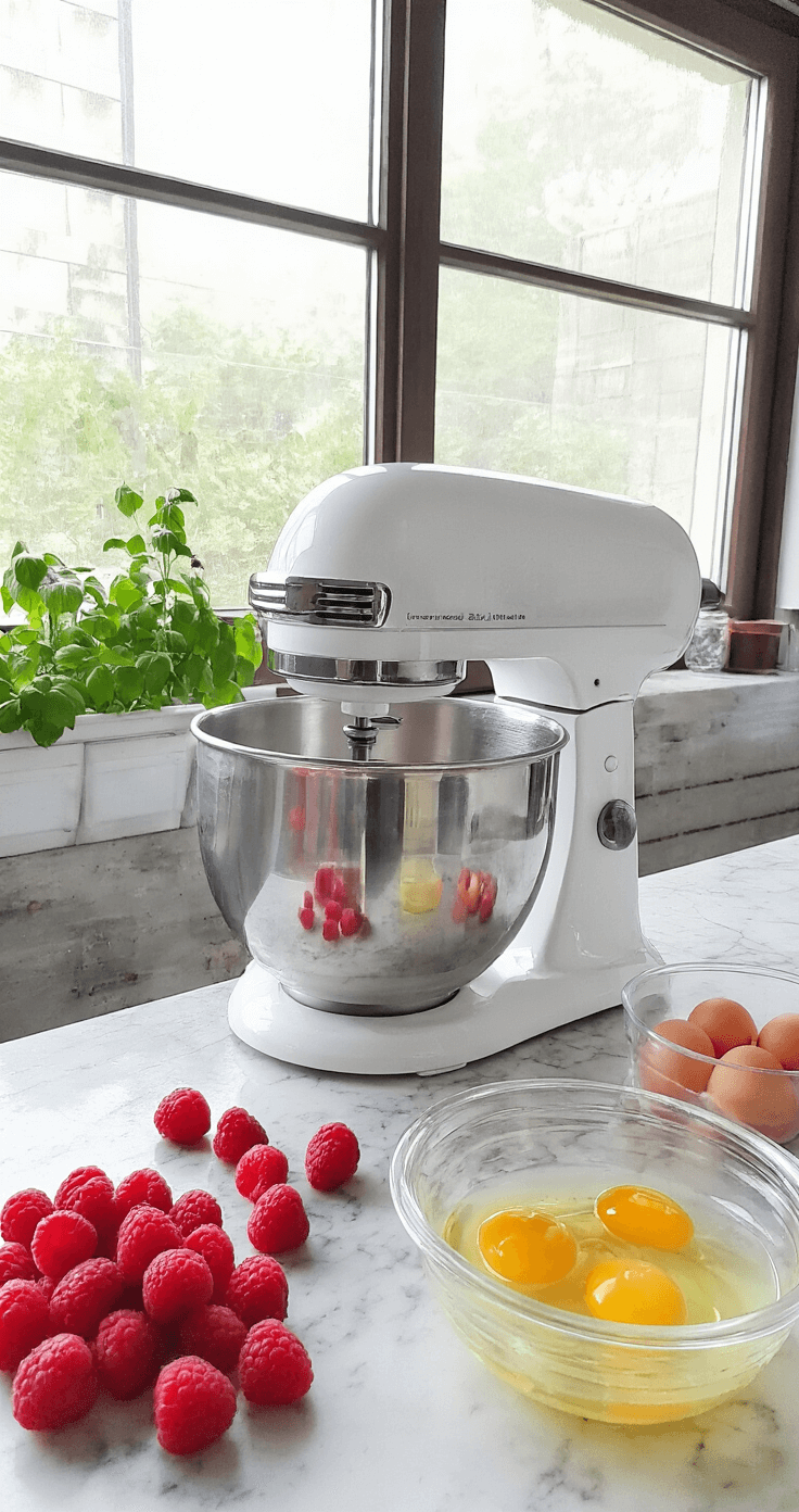 Frambozentaart met Slagroom: Een Goddelijk Zomers Dessert Een moderne keuken met een elektrische mixer op een marmeren aanrecht, verse frambozen, gescheiden eierdooiers en eiwitten in glazen kommen, en een wachtende springvorm, verlicht door natuurlijk licht.