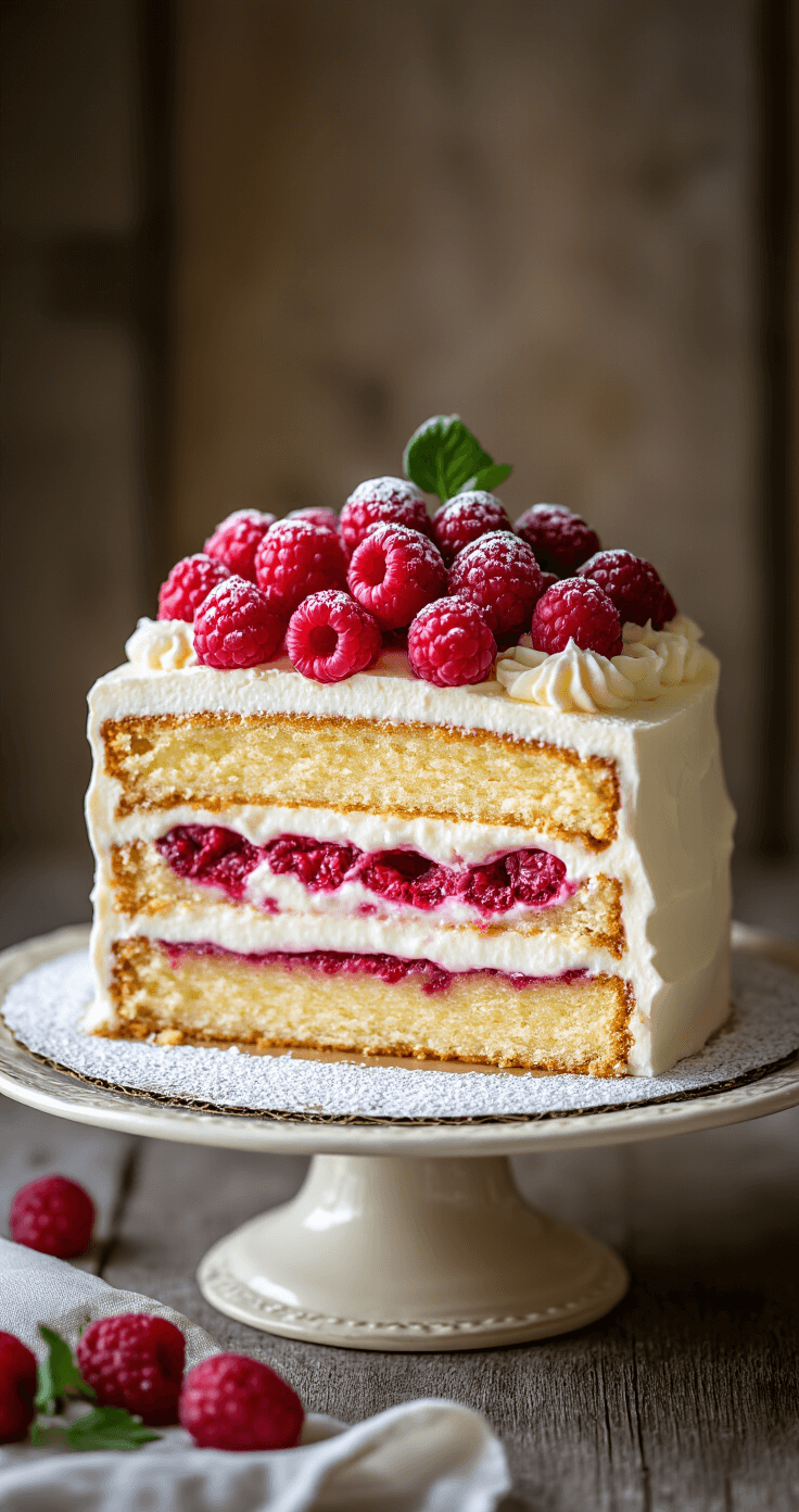 Frambozentaart met Slagroom: Een Goddelijk Zomers Dessert Een prachtig gelaagde frambozentaart op een vintage taartplateau, met romige slagroom en helderrode frambozen, versierd met fruit en poedersuiker, gefotografeerd in natuurlijk middaglicht op een rustieke houten achtergrond.