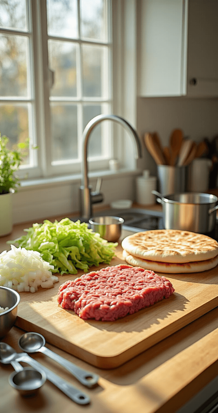 Moderne keuken met een zonnige lichtinval, ingrediënten voor een Big Mac Flatbread: rauw gemalen rundvlees, verse gesneden uien op een houten snijplank, knapperige ijsbergsla en gouden flatbreads. RVS kookgerei en maatlepels liggen in de buurt.