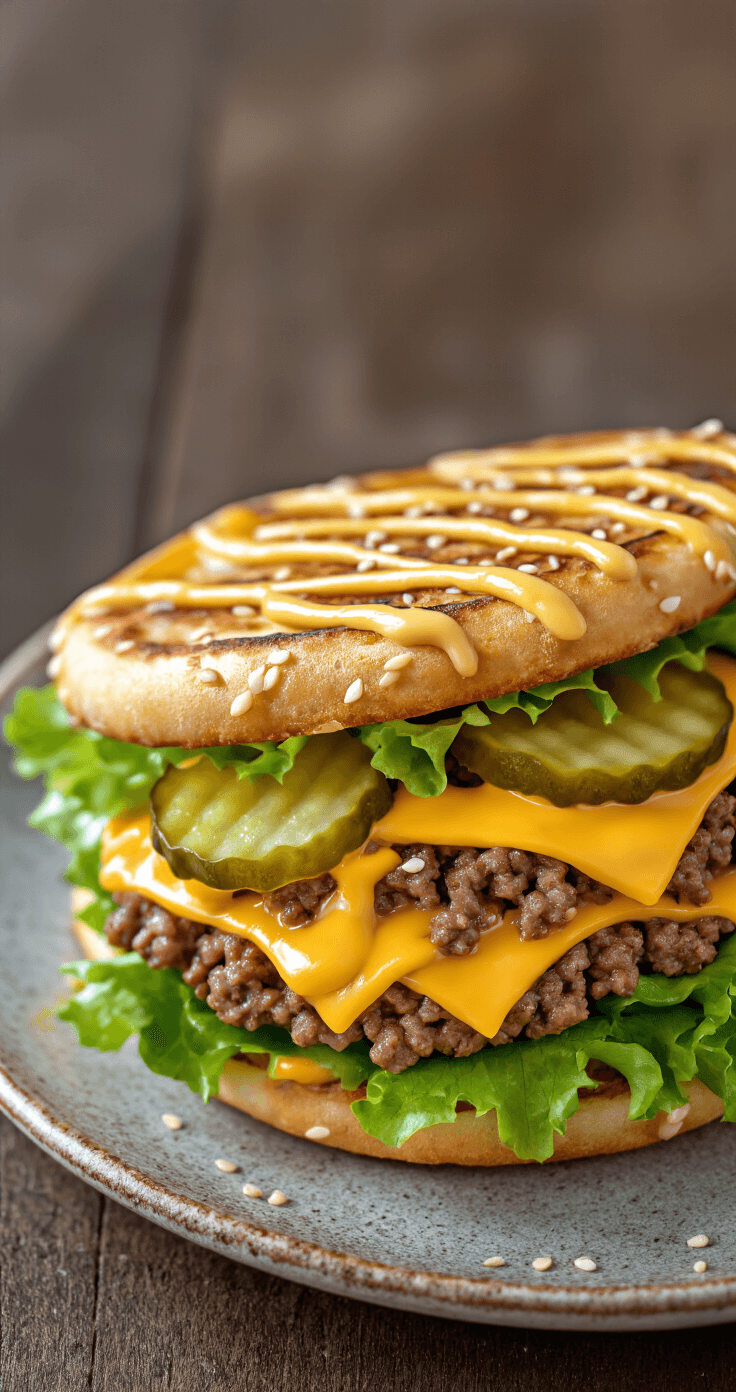 Close-up van een vers samengestelde Big Mac Flatbread op een rustieke keramieken plaat. Gesmolten cheddar kaas glanst over gekruid rundergehakt, heldergroene sla bladeren steken eronderuit, en plakjes augurk voegen een kleuraccent toe. Druppels Big Mac-saus creëren artistieke patronen bovenop, terwijl sesamzaadjes subtiele textuur aan het geroosterde flatbread oppervlak geven.