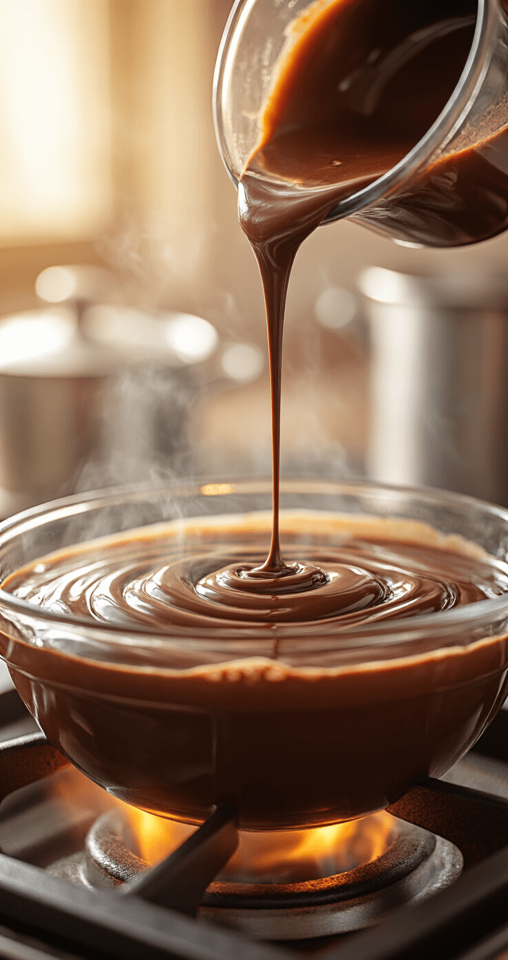Cinematische close-up van donkere chocolade die smelt in een glazen kom boven dampend water, verlicht door warme richtinggevende verlichting. Rijke, glanzende chocolade draait terwijl espresso zorgvuldig wordt ingeschonken, waardoor intrigerende patronen ontstaan. Stoom stijgt voorzichtig op in de sfeervolle keuken, met professionele kookgerei zichtbaar in de zacht onscherpe achtergrond.