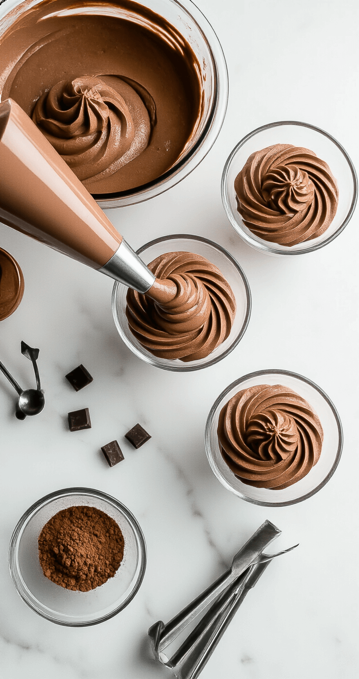 Professionele overheadfoto van elegante glazen dessertkommen die worden gevuld met lagen diepe chocolade mousse. De zijdezachte, luchtige textuur wordt perfect vastgelegd terwijl het nauwkeurig wordt gepipet. Natuurlijke lichtinval benadrukt het fluweelachtige oppervlak, terwijl cacaopoeder de randen bestrooit. Minimalistische, moderne keuken met een marmeren aanrecht en artistiek gerangschikte platingtools.