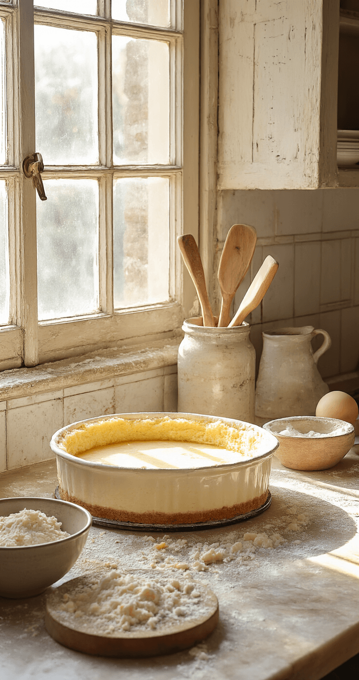 Rustieke keuken met warm zonlicht, marmeren aanrecht, amandelmeel, kokosmeel en gesmolten boter gemengd in een aardewerken kom. Vintage springvorm met bakpapier, houten deegroller en meetlepels uitgestald.