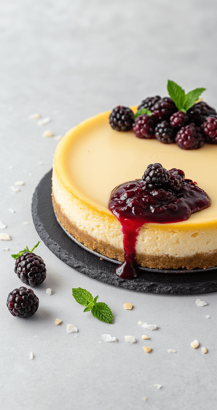 Elegante romige cheesecake op zwarte leisteen, gegarneerd met bramencompote, met een goudbruine amandel-kokosbodem, verse bramen en muntblaadjes, verlicht door zacht strijklicht.