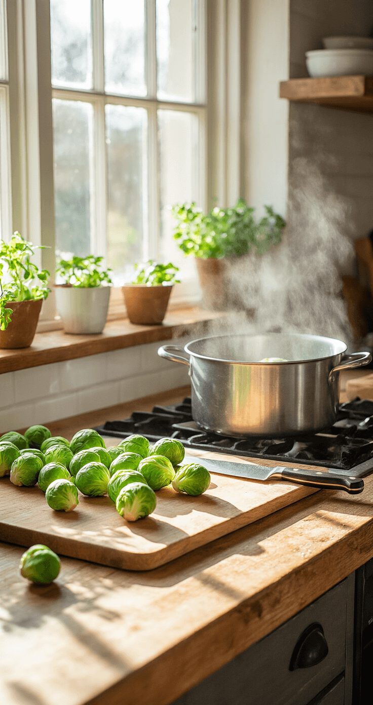 A rustic Dutch kitchen with natural light, featuring freshly washed Brussels sprouts being halved on a wooden cutting board, steam rising from a boiling pot, and a chef's knife nearby, contrasting with the warm wooden countertop.