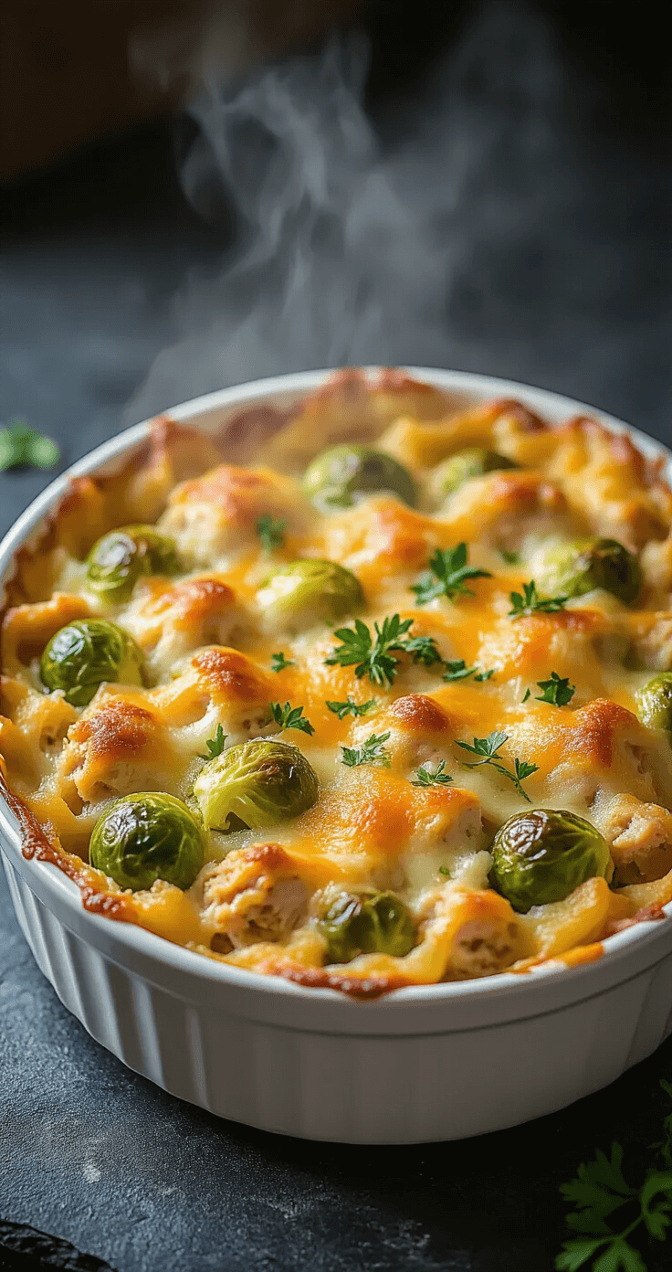 Een goudenbruine, borrelende ovenschotel met lagen van malse spruitjes en gekruid kipgehakt, bedekt met een perfect gesmolten kaaskorst, op een donkere stenen aanrecht met stoom die opstijgt in zacht keukenlicht, gegarneerd met verse kruiden.