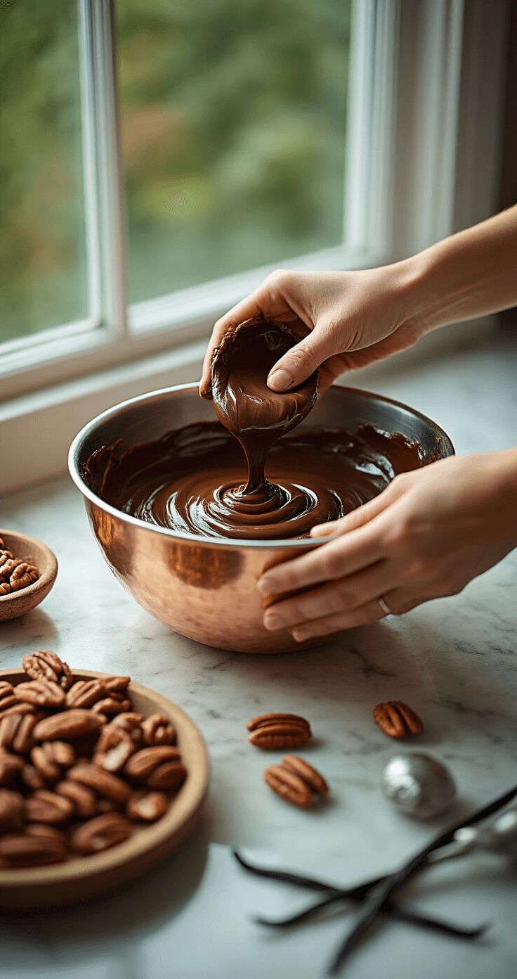 Cinematische opname van handen die glanzende donkere chocoladeganache voorzichtig mengen in een koperen kom, met zacht natuurlijk licht dat door het keukenraam straalt, verspreide pecannoten en vanillebonen op de voorgrond, en professionele bakgereedschappen op een marmeren aanrechtblad zichtbaar.