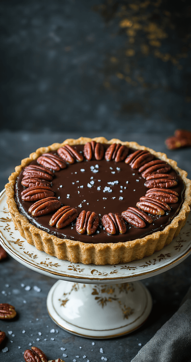 Professionele overheadopname van een voltooide chocoladepecantaart op een vintage keramieken standaard, met dramatische zijverlichting die het glanzende chocoladeoppervlak accentueert, gegarneerd met kunstzinnig gerangschikte geroosterde pecans en verspreide zeezoutkristallen die het licht vangen, op een donkere, sfeervolle achtergrond met subtiele gouden accenten.