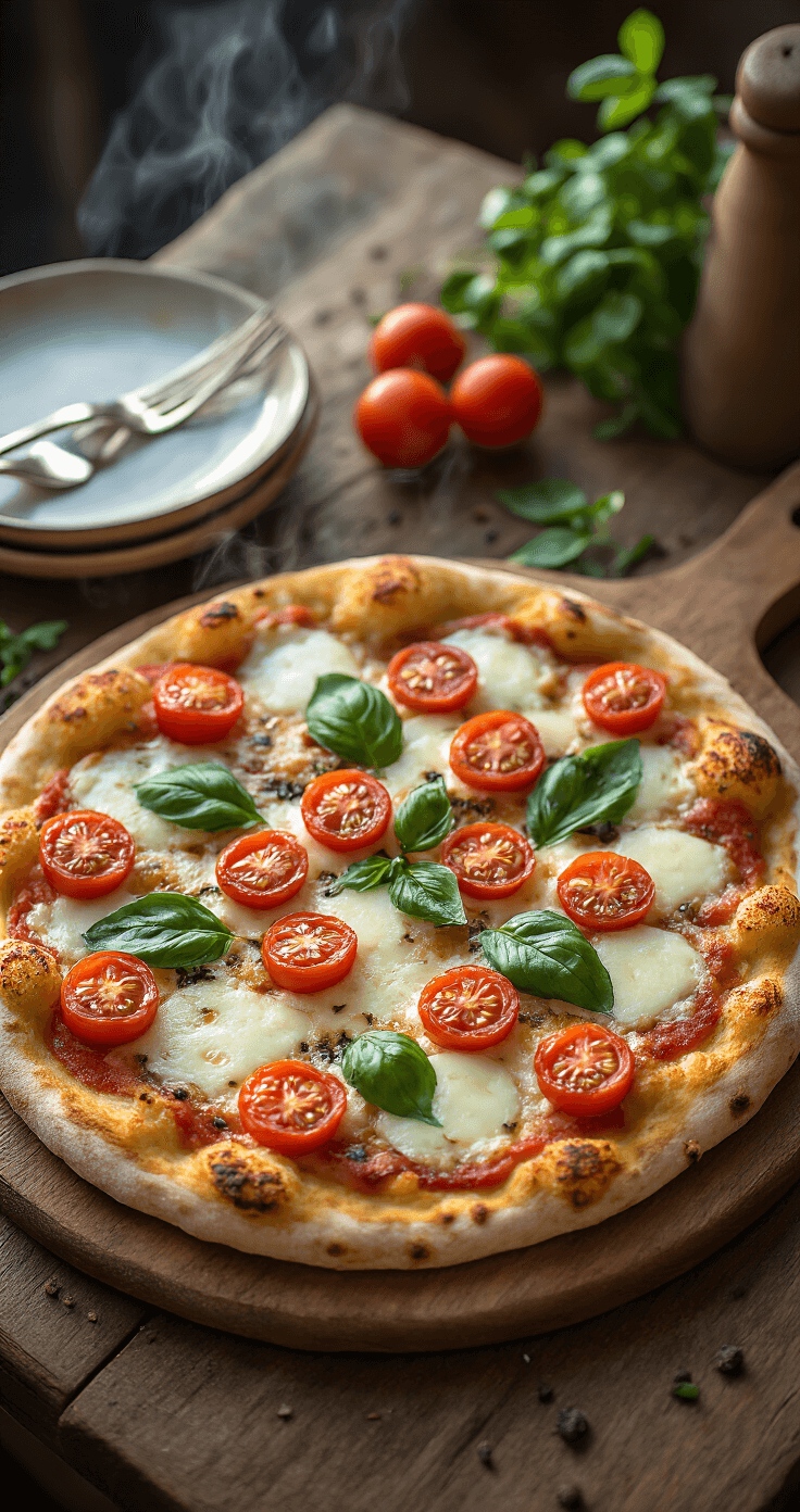 Bovenaanzicht van een rustieke houten tafel met een perfect gebakken bloemkoolpizza, goudbruine randen, gesmolten mozzarella die borrelt, levendige rode cherrytomaten en verse groene basilicum blaadjes verspreid bovenop, subtiele stoom, warm avondlicht, ambachtelijke keramische borden en verspreide kruiden in de zachte achtergrond.