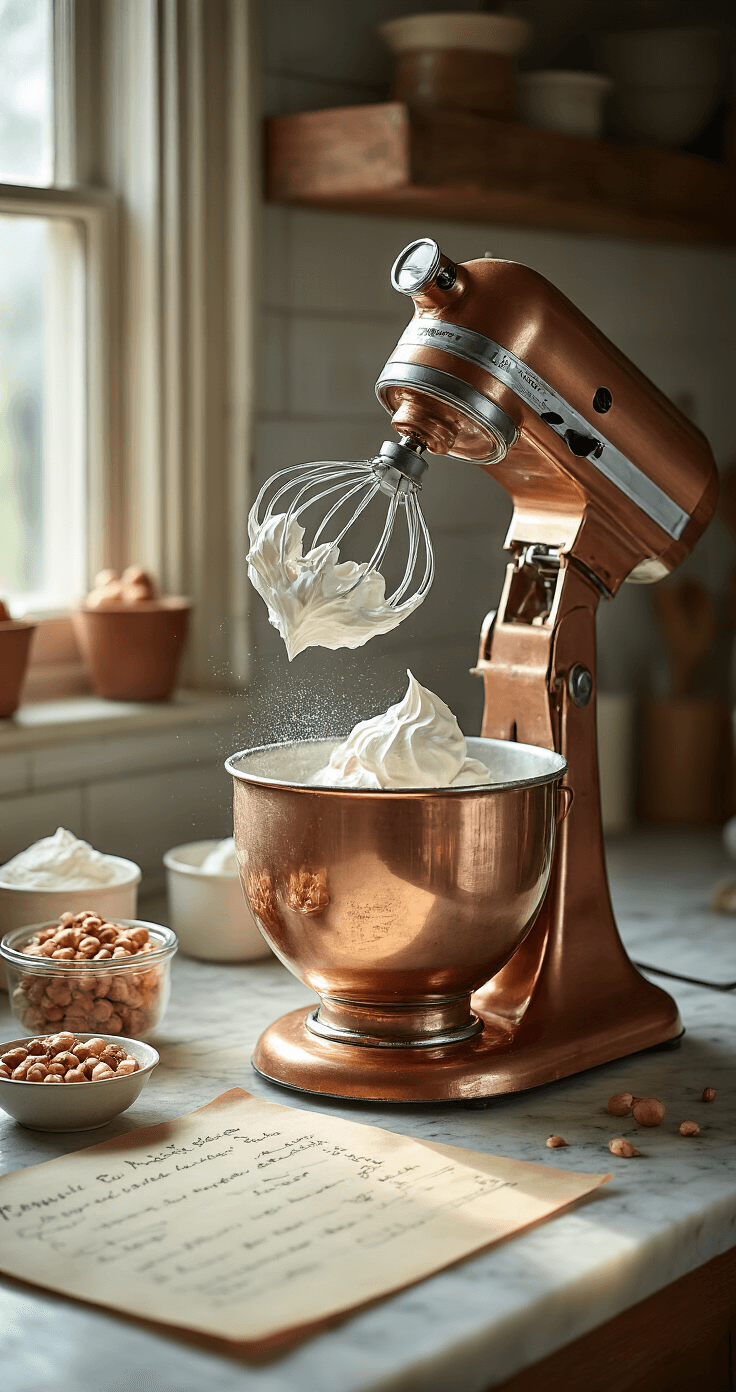 Een rustieke keuken met zonlicht, waar een koperen standmixer glanzende eiwitpieken draait. Fijngemalen hazelnoten en erythritol in vintage glazen kommen, terwijl een handgeschreven recept en bakpapier met cirkels op het marmeren aanrecht liggen.