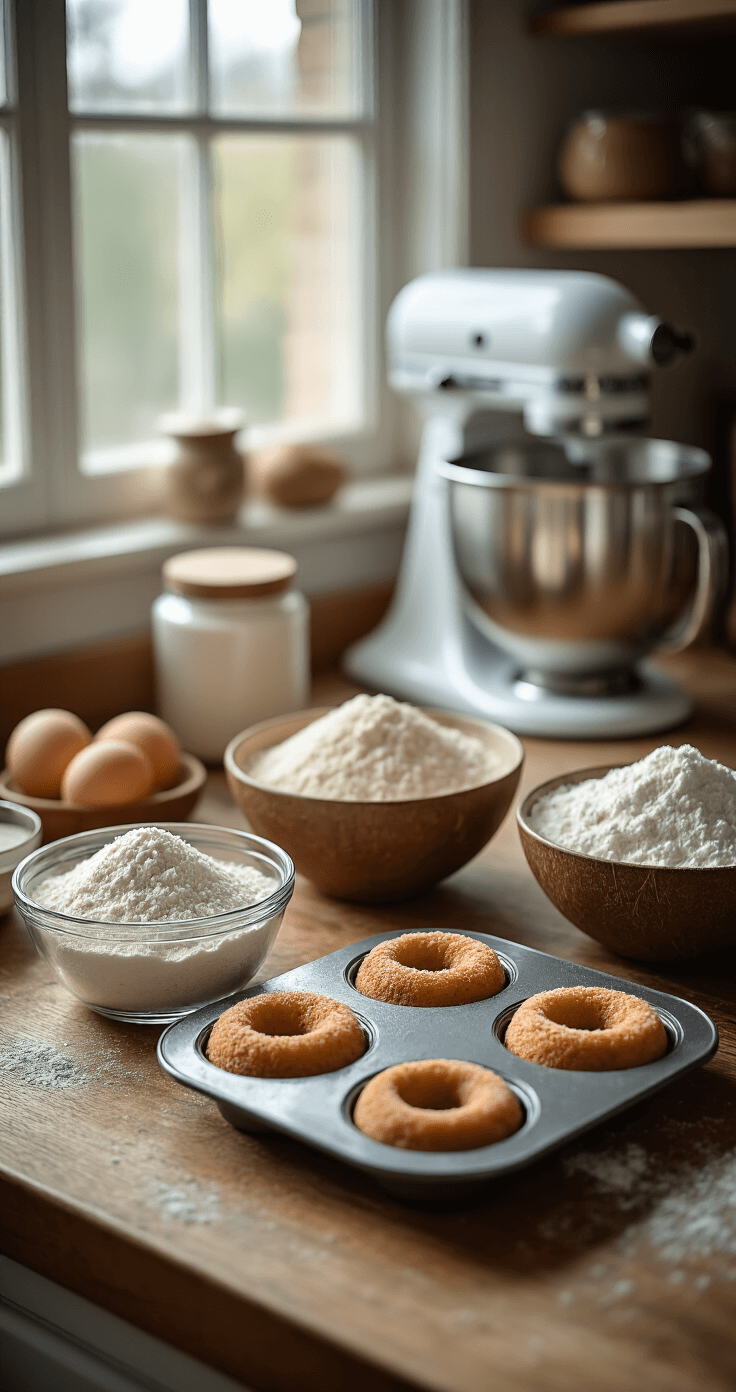 Nauwkeurige opname van een rustieke houten keukentafel met georganiseerde bak ingrediënten: glazen kommen met amandelmeel, kokosmeel en erytritol. Een professionele siliconen donutsvorm ligt dichtbij, verlicht door zacht natuurlijk licht van het raam. Meetgereedschap en een standmixer zijn zichtbaar op de achtergrond.