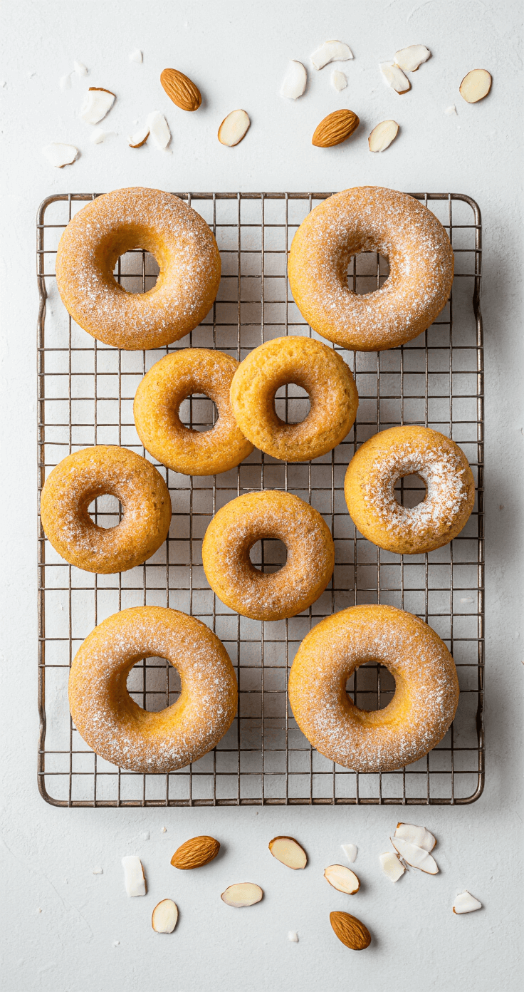 Overhead view of golden-brown keto donuts on a vintage wire cooling rack, dusted with erythritol powder and surrounded by almonds and coconut flakes, illuminated by soft window light.