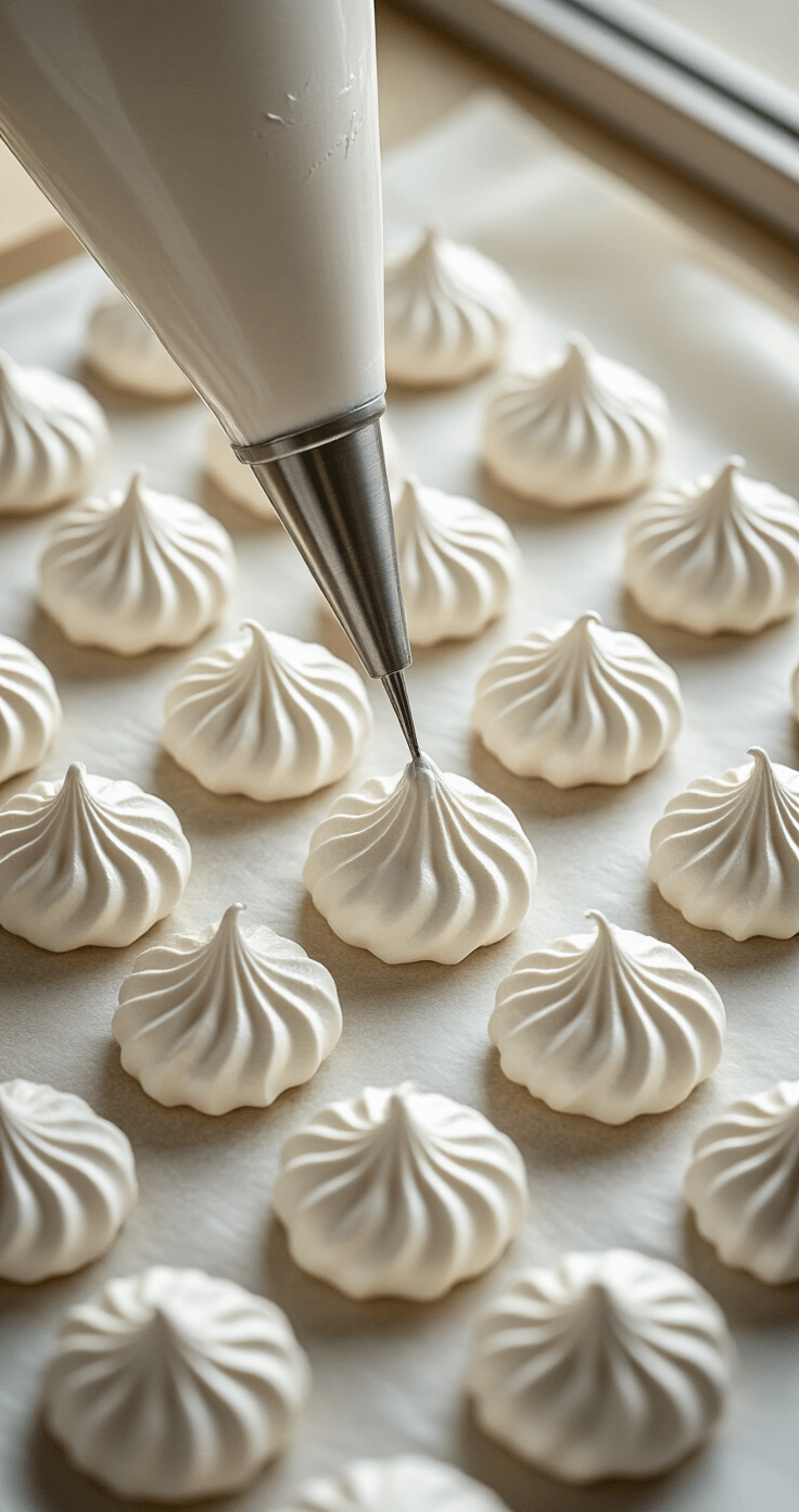 Close-up van glanzende merengue pieken die vakkundig op bakpapier worden pipet in uniforme rondjes van 3-4 cm, met natuurlijk licht dat de zijdezachte textuur van het mengsel benadrukt. Een professionele stainless steel spuitzak met ronde tip is zichtbaar in beeld.