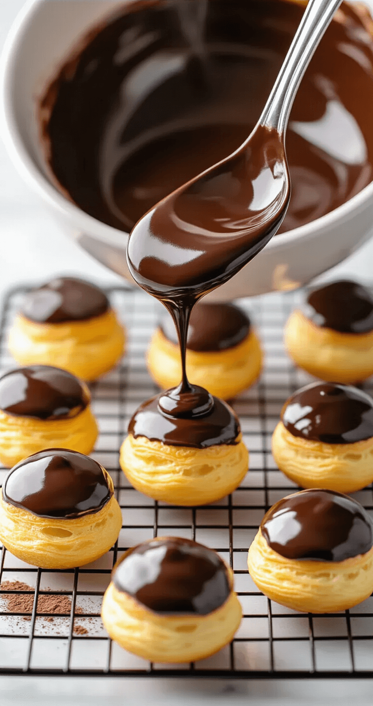 Elegante mini roomsoesjes gedipt in glanzende donkere keto-chocolade, omringd door stoom en warme verlichting, met een vlekkeloze chocoladecoating op een marmeren afkoelrek, bestrooid met cacaopoeder.