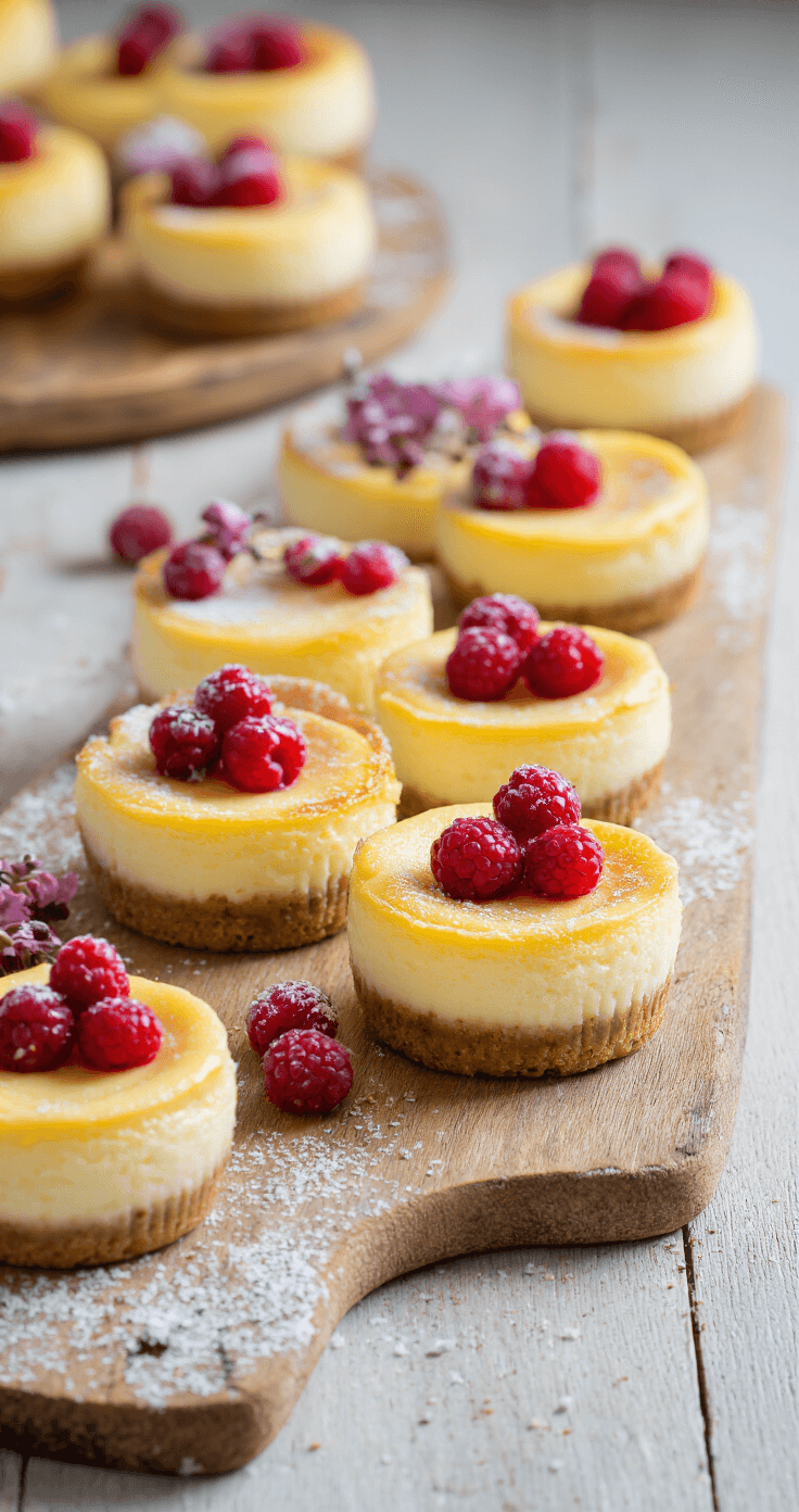 Close-up van perfect gebakken mini cheesecakes op een rustieke houten plank, met amandelmeel bodems, romige bovenkanten, versierd met rode bessen en suikervrije slagroom, verlicht door zacht natuurlijk licht.