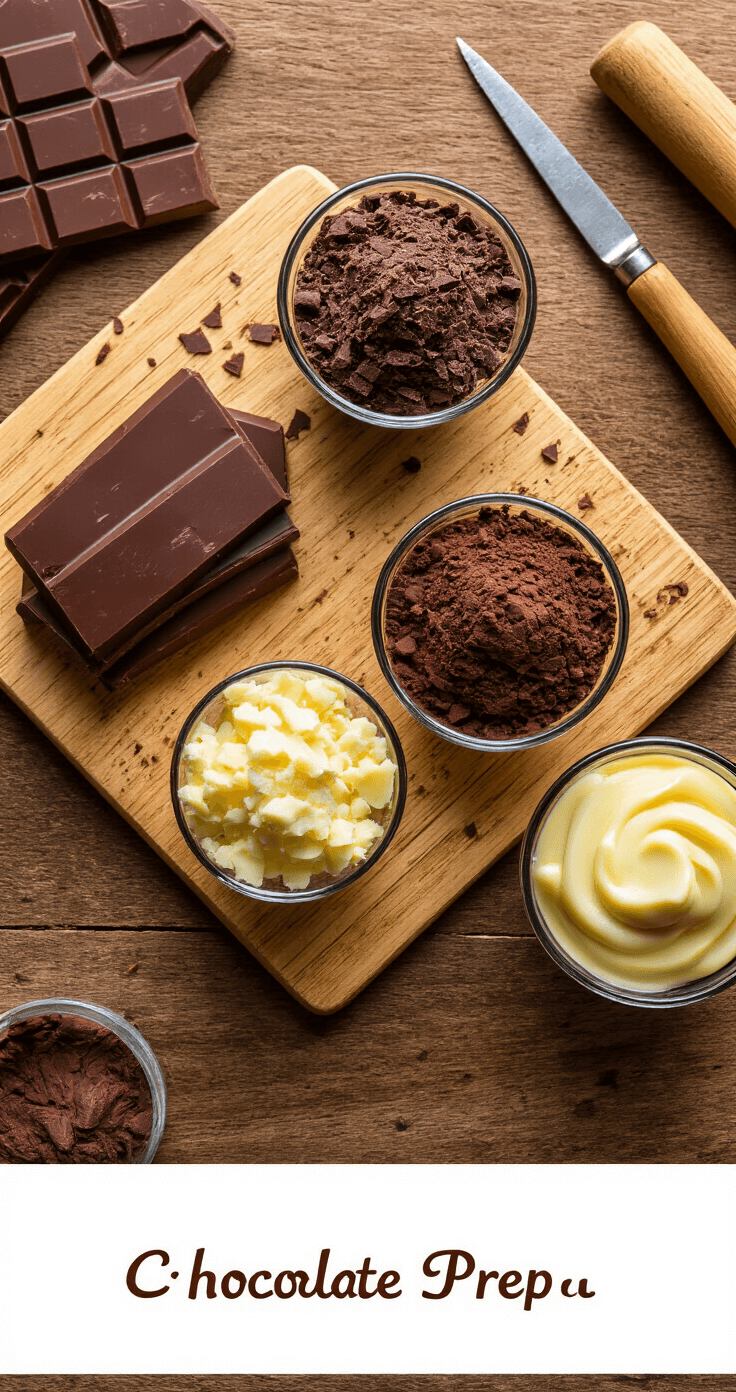 Een rustieke houten werkbank met drie soorten chocolade (puur, melk en wit) in glazen kommen, een professioneel mes en bamboesnijplank, omringd door chocoladekruimels.