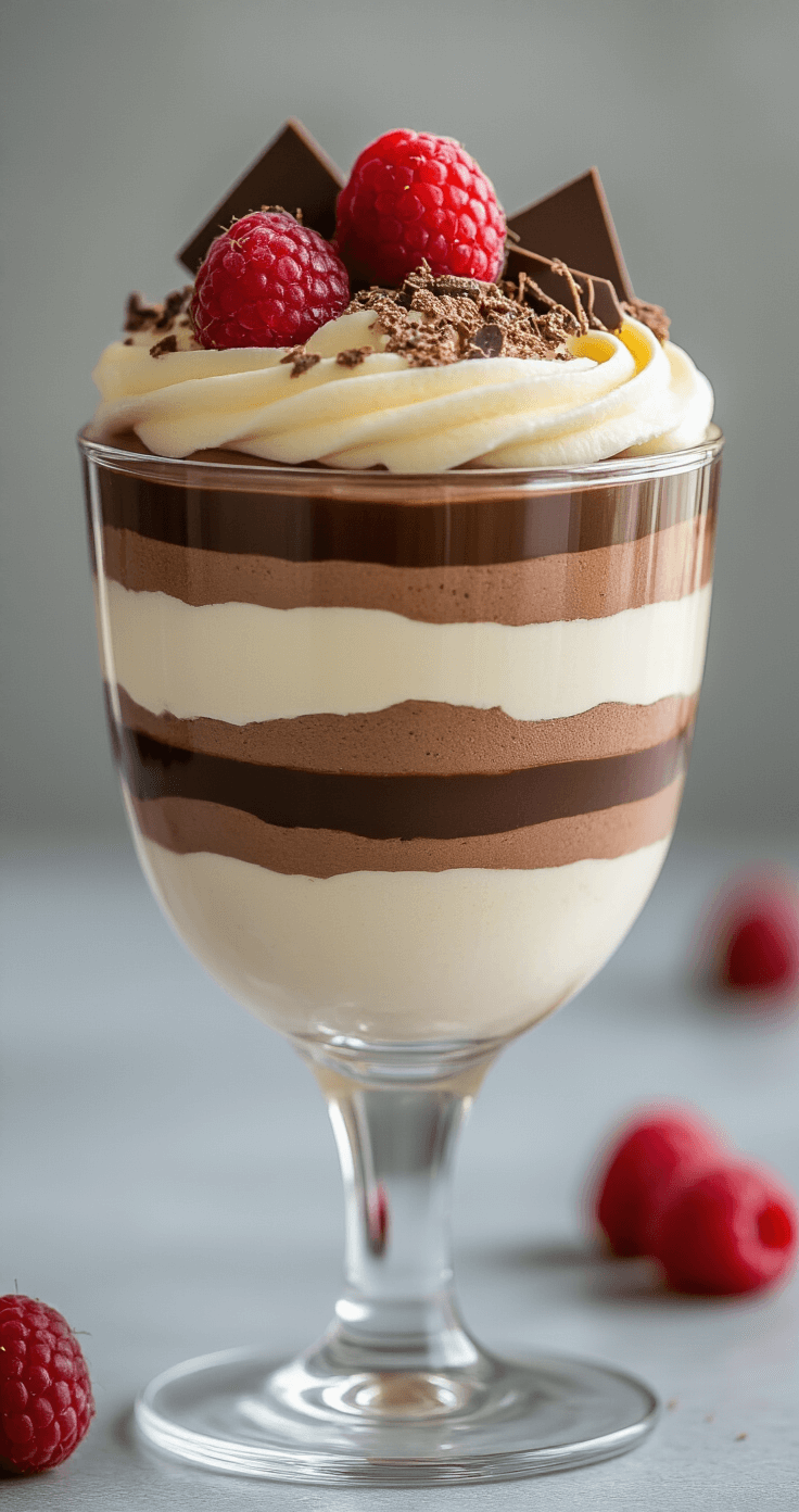 Een elegante glazen dessertcoupe met drie gelaagde chocolademousse in kleurverloop van romig wit naar donkerbruin, gegarneerd met frambozen en chocoladekrullen, gefotografeerd met zachte natuurlijke belichting.