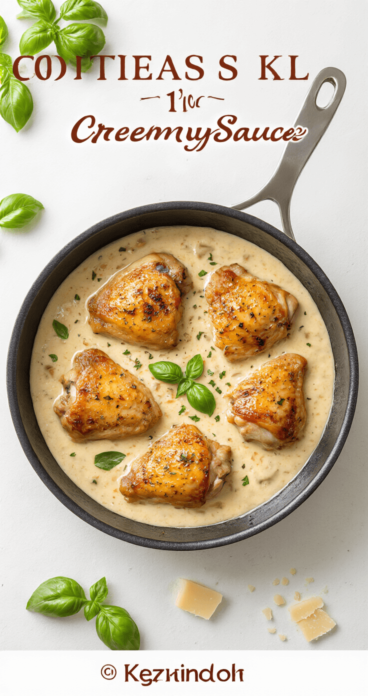Koolhydraatarme Marry Me Kip Pasta: Romige Verleiding in Enkele Minuten Close-up van een kokende roomsaus in een gietijzeren pan met goudbruine kipstukjes, zongedroogde tomaten, verse basilicum en geraspte Parmezaan.