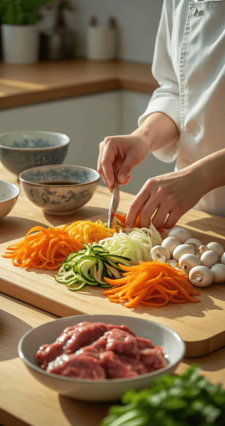 Koolhydraatarme Bibimbap: Dé Ultieme Low-Carb Korean Bowl Een moderne, zonnige keuken met een chef die kleurrijke julienne-groenten (helder oranje wortels, groene courgette, witte champignons) op een snijplank van natuurlijk hout rangschikt. Verse ingrediënten glanzen en er staat een kom met marineren rundvlees in rijke sojasauskleuren dichtbij. Traditionele Koreaanse keramische kommen wachten op de achtergrond.