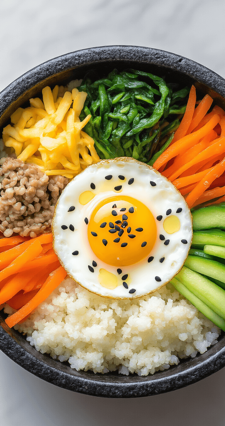 Koolhydraatarme Bibimbap: Dé Ultieme Low-Carb Korean Bowl Bovenaanzicht van een prachtig low-carb bibimbap in een traditionele stenen kom, met bloemkoolrijst als witte basis en kleurrijke groenten in nette secties, bekroond met een perfect gebakken ei met een gouden, lopende dooier en gegarneerd met zwarte sesamzaadjes, in een moderne keuken met opstijgende stoom.