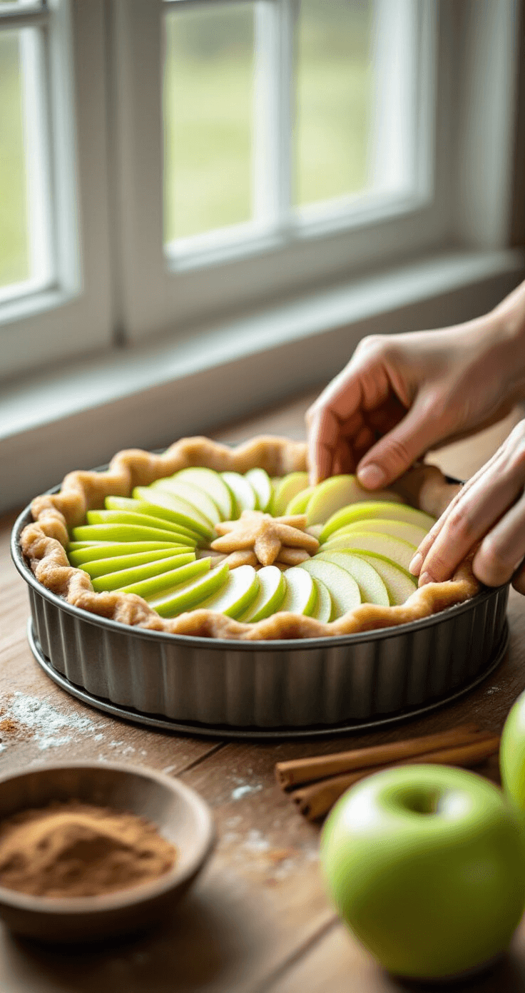 Hedendaagse keuken met natuurlijk licht, close-up van handen die dunne Granny Smith-appelschijfjes schikken op een amandelmeelkorst in een donkere springvorm, met kaneel en erythritol in de buurt.